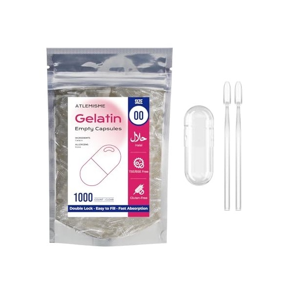 ATLEMISME Capsules Vides en Gélatine - Taille 00, Lot de 100 - Qualité Premium, Dissolution Rapide, Idéales pour Suppléments ...