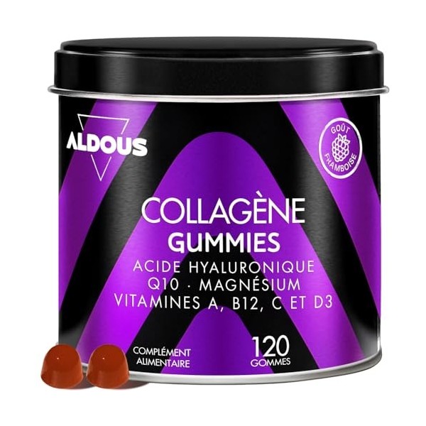 Collagène avec magnésium et acide hyaluronique - 120 gommes - Avec Q10 et Vitamines C, B12, D3, A - Collagène hydrolysé - Art