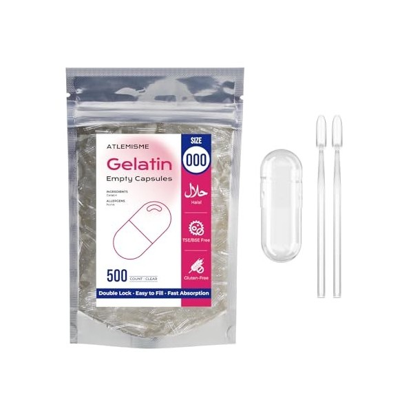 ATLEMISME Capsules Vides en Gélatine - Taille 000 - Qualité Premium, Dissolution Rapide, Idéales pour Suppléments Alimentaire...