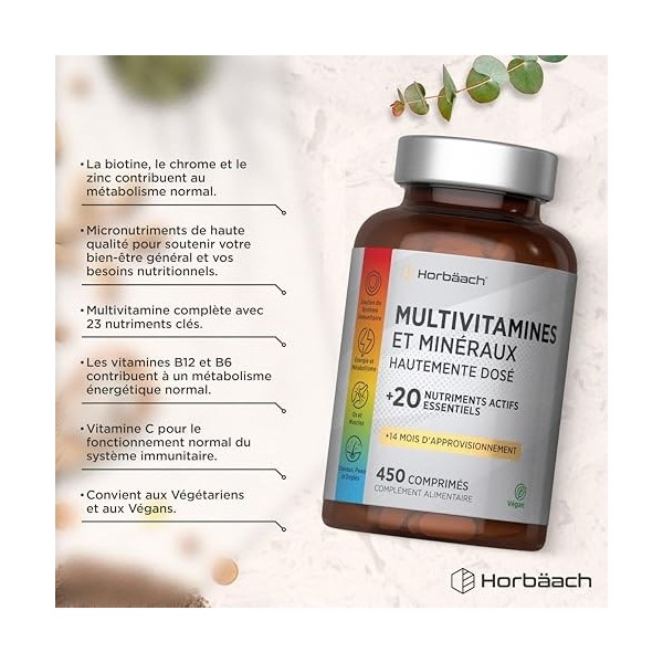 Multivitamines et Minéraux pour Homme y Femme | 450 Comprimés | avec 20 Ingrédients Essentiels | Multivitamin Complex Tablets