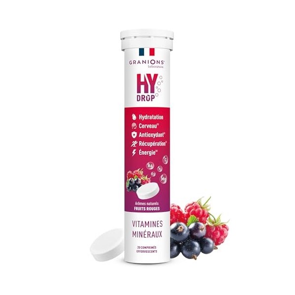 GRANIONS HYDROP Fruits Rouges – Pastilles Hydratation SANS SUCRES – Électrolytes Hydratation – Vitamines & Minéraux – Magnési