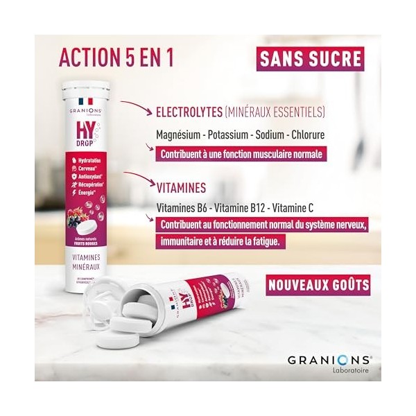 GRANIONS HYDROP Fruits Rouges – Pastilles Hydratation SANS SUCRES – Électrolytes Hydratation – Vitamines & Minéraux – Magnési