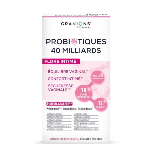 GRANIONS Probiotiques 40 Milliards – Probiotique Flore Intime 12 Souches – Probiotique Flore Intestinale & Équilibre Vaginal 