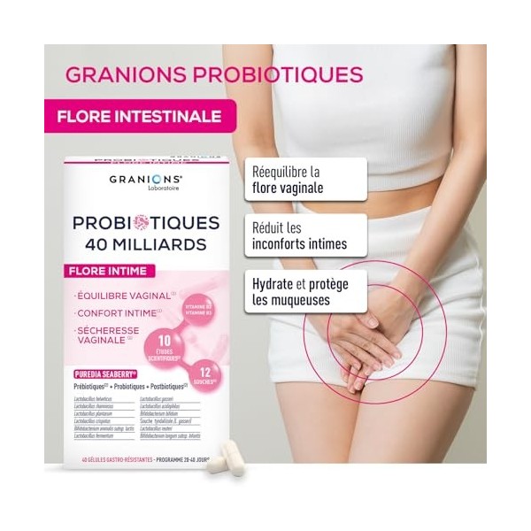 GRANIONS Probiotiques 40 Milliards – Probiotique Flore Intime 12 Souches – Probiotique Flore Intestinale & Équilibre Vaginal 