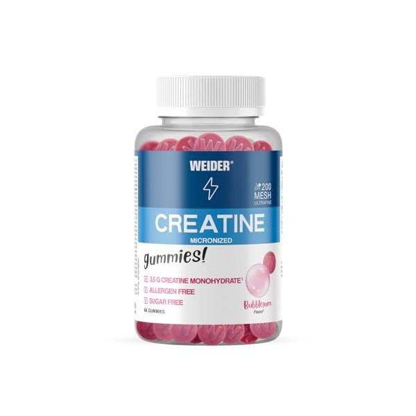 Weider Micronized Creatine Gummies 66 gommes Goût Bubble Gum, 3,5g Créatine Monohydrate 200 MESH/dose, Certifié par Laborat