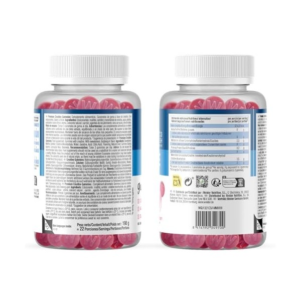 Weider Micronized Creatine Gummies 66 gommes Goût Bubble Gum, 3,5g Créatine Monohydrate 200 MESH/dose, Certifié par Laborat