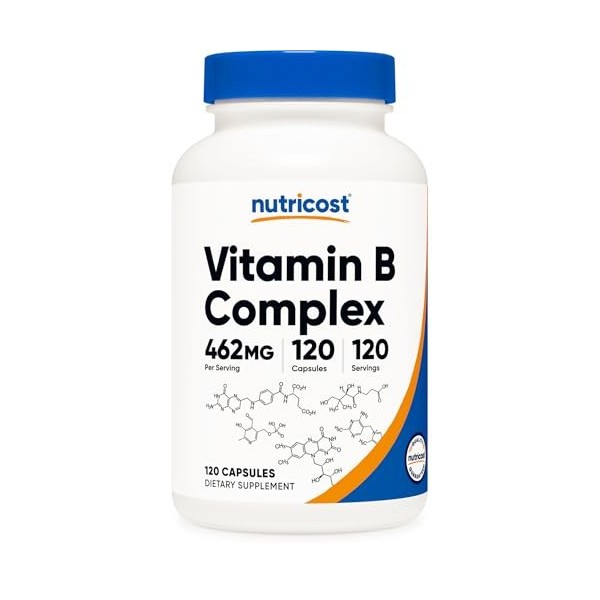 Nutricost Complexe de vitamines B haute puissance 462 mg, 120 gélules – Avec vitamine C – Complexe énergétique