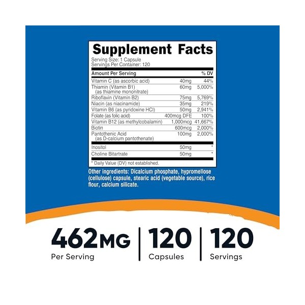Nutricost Complexe de vitamines B haute puissance 462 mg, 120 gélules – Avec vitamine C – Complexe énergétique