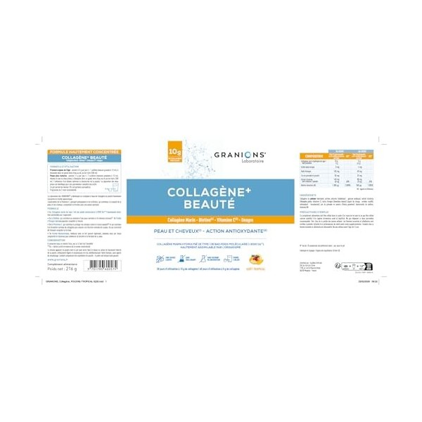 COLLAGENE +BEAUTE - GRANIONS Collagène N°1 en Pharmacies - Collagene et Acide Hyaluronique, Biotine Cheveux - Beauté Peau - C