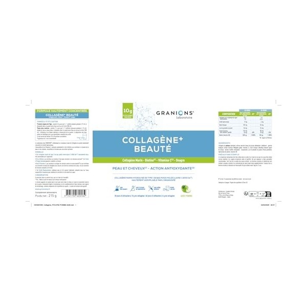 COLLAGENE +BEAUTE - GRANIONS Collagène N°1 en Pharmacies - Collagene et Acide Hyaluronique, Biotine Cheveux - Beauté Peau - C