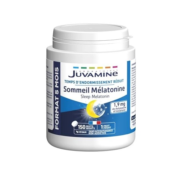 Juvamine - Sommeil Mélatonine - Endormissement plus Rapide - Sommeil Réparateur, Décalage Horaire, Insomnie - 150 Comprimés -