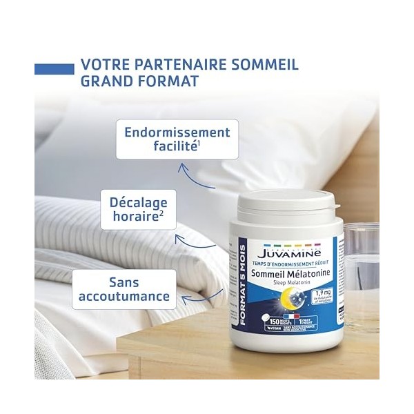 Juvamine - Sommeil Mélatonine - Endormissement plus Rapide - Sommeil Réparateur, Décalage Horaire, Insomnie - 150 Comprimés -