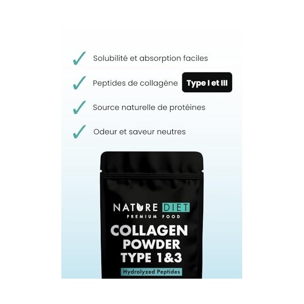 Nature Diet Premium Poudre de collagène type 1 et 3 – peptides de collagène hydrolysés, supplément protéiné sans saveur, 420 