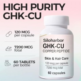 GHK-Cu Lot de 60 suppléments de peptide de cuivre, 120 mcg, complément de haute pureté pour la peau et les cheveux, enduit en