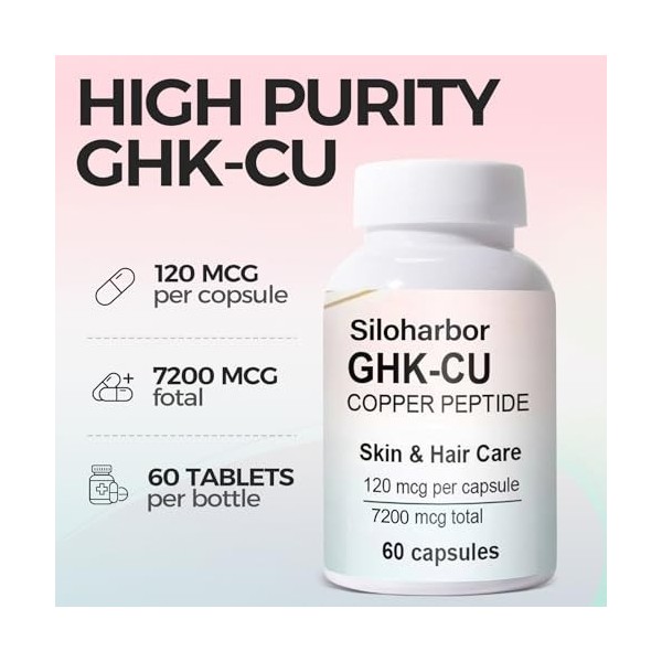 GHK-Cu Lot de 60 suppléments de peptide de cuivre, 120 mcg, complément de haute pureté pour la peau et les cheveux, enduit en