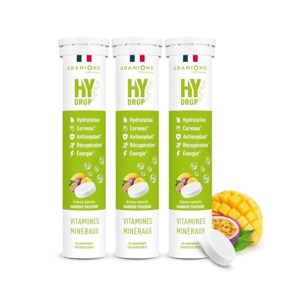 GRANIONS HYDROP - Pastilles Hydratation - Mangue Passion - SANS SUCRES - Fabriqué en France - Electrolytes - Vitamines, Minér