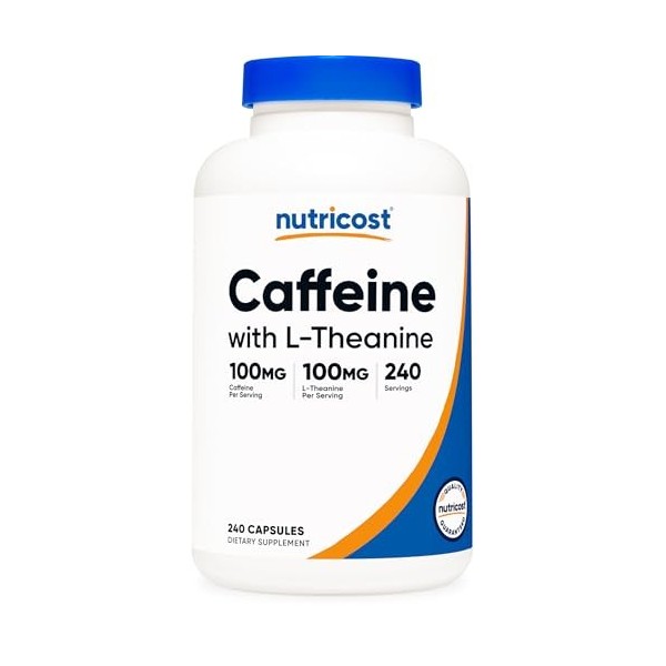 Nutricost Caféine avec L-théanine, 100 mg de chaque, 240 capsules, 240 portions - Sans OGM et sans gluten
