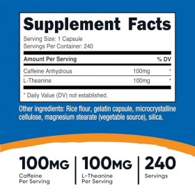 Nutricost Caféine avec L-théanine, 100 mg de chaque, 240 capsules, 240 portions - Sans OGM et sans gluten