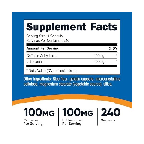 Nutricost Caféine avec L-théanine, 100 mg de chaque, 240 capsules, 240 portions - Sans OGM et sans gluten
