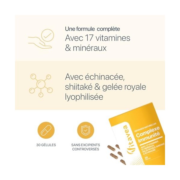 Complexe Immunité & Energie - 17 vitamines & minéraux + Shiitaké, Gelée Royale et Échinacée - 30 gélules cure 1 mois - Fabr