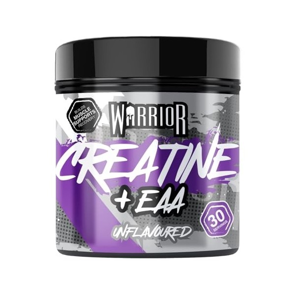 Warrior Créatine Monohydrate plus EAA 270 g – 30 Portions – Supplément Sportif pour Force, Récupération et Soutien Musculaire