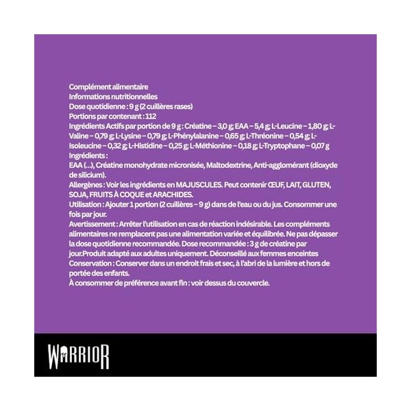 Warrior Créatine Monohydrate plus EAA 270 g – 30 Portions – Supplément Sportif pour Force, Récupération et Soutien Musculaire
