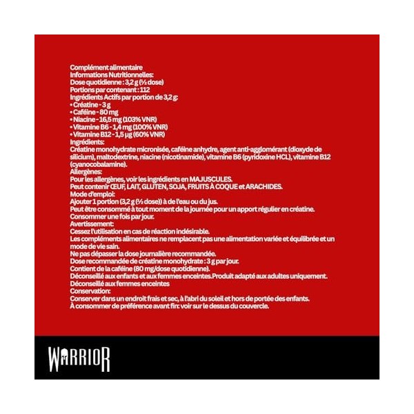 Warrior Créatine Monohydrate plus Énergie 360 g – 80 Portions – Supplément Sportif pour Performance et Récupération Musculair