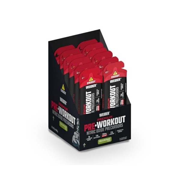 Weider Premium Pre-Workout Gel 12x70g Goût Cola-Citron vert, Précurseurs dOxyde Nitrique, L-Citrulline, L-Arginine, Beta A