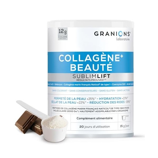 COLLAGENE MARIN BEAUTE SUBLIMLIFT GRANIONS | 12g de Collagene Marin Par Jour - Acide Hyaluronique + Coenzyme Q10 + Vitamine C