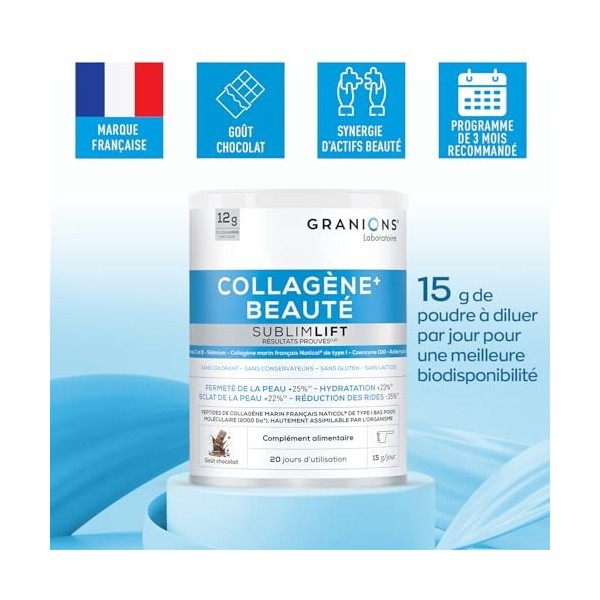 COLLAGENE MARIN BEAUTE SUBLIMLIFT GRANIONS | 12g de Collagene Marin Par Jour - Acide Hyaluronique + Coenzyme Q10 + Vitamine C