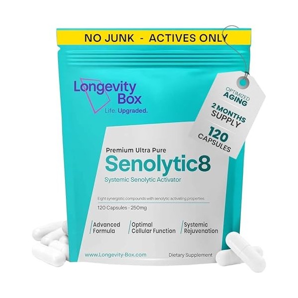Longevity Box Senolytic 8, 120 gélules, complexe de 8 ingrédients dont fisétine, quercétine, NAC et tocotriénols, 99 % pur, p