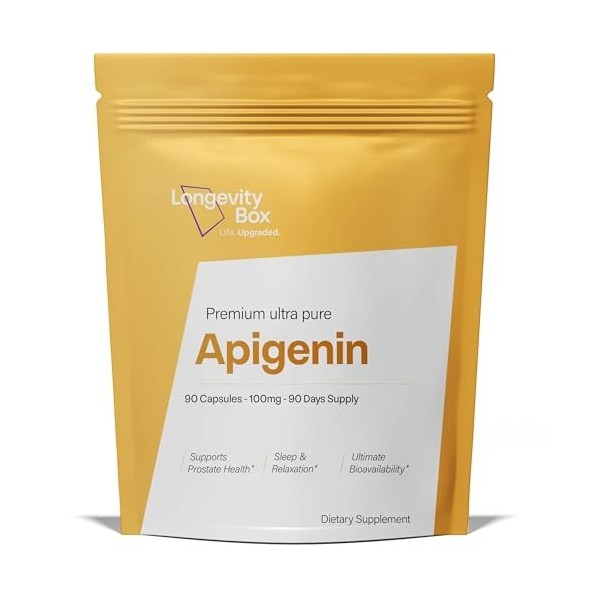 Longevity Box Apigénine 100 mg, 90 gélules, extrait de graines de céleri 98 % pur, pour soutien du sommeil, du NAD+, de l’éne
