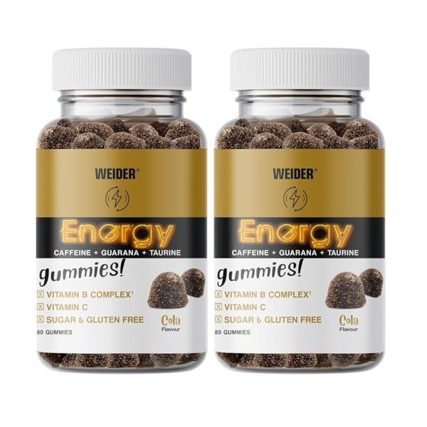 Weider Energy Caffeine Gummies 80 Gommes Goût Cola. Gommes de Caféine avec Guarana, Taurine, Vitamine B et C. Sans sucres. M...