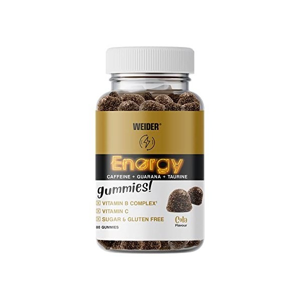 Weider Energy Caffeine Gummies 80 Gommes Goût Cola. Gommes de Caféine avec Guarana, Taurine, Vitamine B et C. Sans sucres. M...
