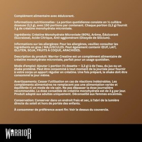 Warrior Créatine Monohydrate Poudre Micronisée – Supplément Sportif pour Musculation, Force et Récupération – 500 g, Portion 
