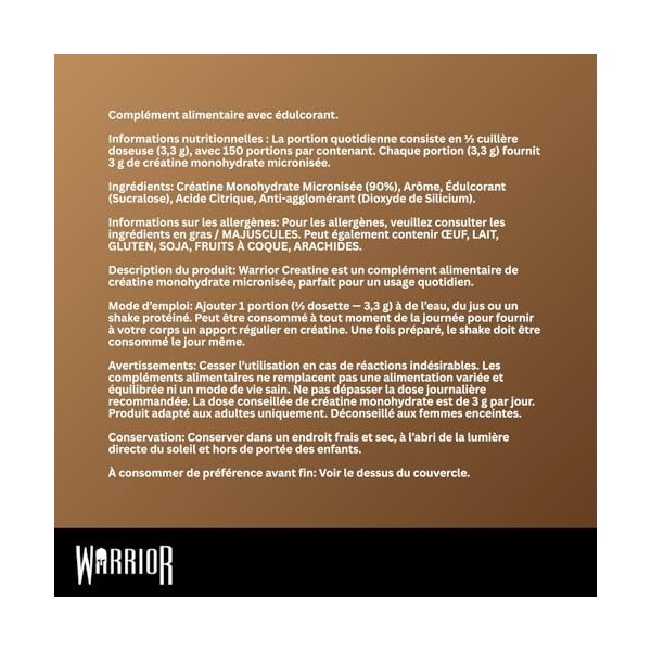 Warrior Créatine Monohydrate Poudre Micronisée – Supplément Sportif pour Musculation, Force et Récupération – 500 g, Portion 
