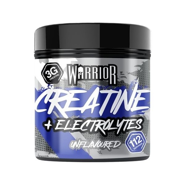 Warrior Créatine Monohydrate + Électrolytes 360 g – 80 Portions – Supplément Sportif Pré-Entraînement pour Hydratation, Perfo