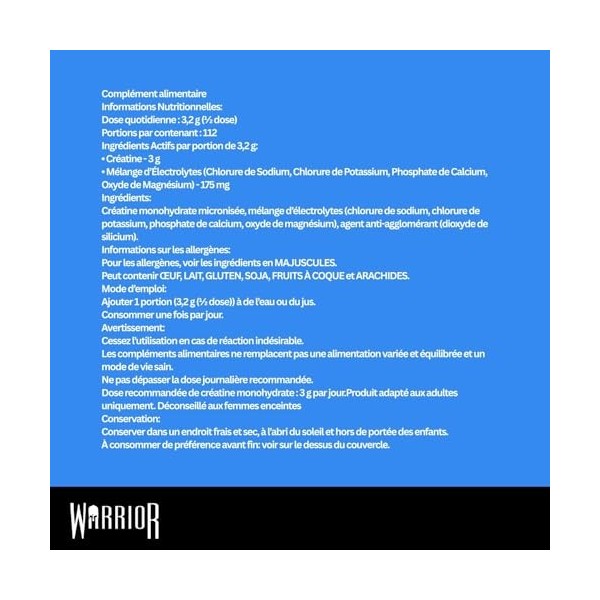 Warrior Créatine Monohydrate + Électrolytes 360 g – 80 Portions – Supplément Sportif Pré-Entraînement pour Hydratation, Perfo