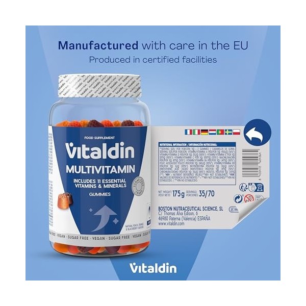 VITALDIN Gummies Multivitamines Adultes – Véganes – Sans sucre – Avec vitamines A, C, D, E, B6, B12 et biotine – Pour femme e