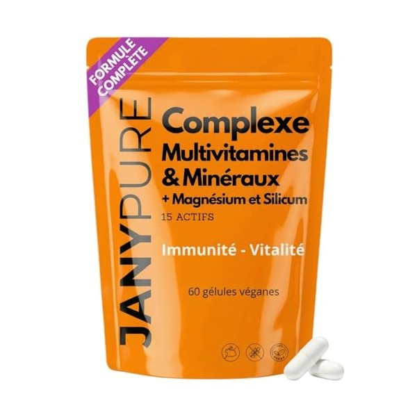 Complexe Multivitamines et Minéraux 15 Actifs Formule Complète Magnésium et Silicium - Cure 1 Mois Énergie Immunité Vitamines