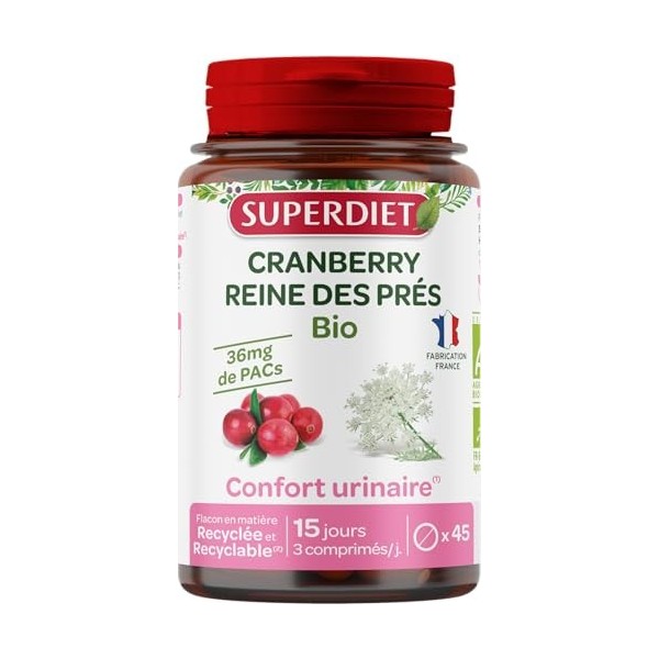 SUPERDIET – CRANBERRY REINES DES PRES BIO – Confort urinaire – Fabrication française – 45 comprimés