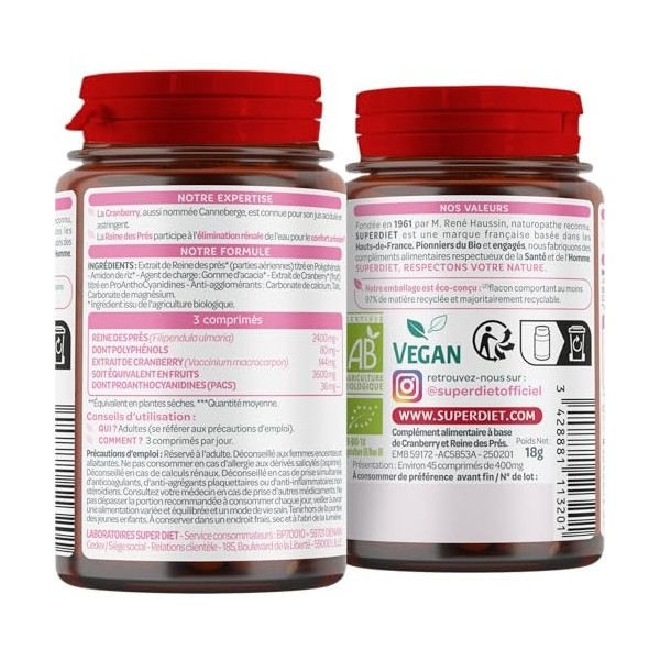 SUPERDIET – CRANBERRY REINES DES PRES BIO – Confort urinaire – Fabrication française – 45 comprimés