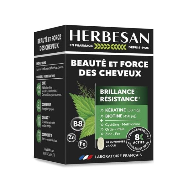HERBESAN - BEAUTÉ & FORCE DES CHEVEUX - Brillance, Éclat et Résistance - 8 actifs à laction ciblée et complète dont Kératine