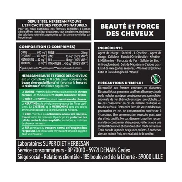 HERBESAN - BEAUTÉ & FORCE DES CHEVEUX - Brillance, Éclat et Résistance - 8 actifs à laction ciblée et complète dont Kératine