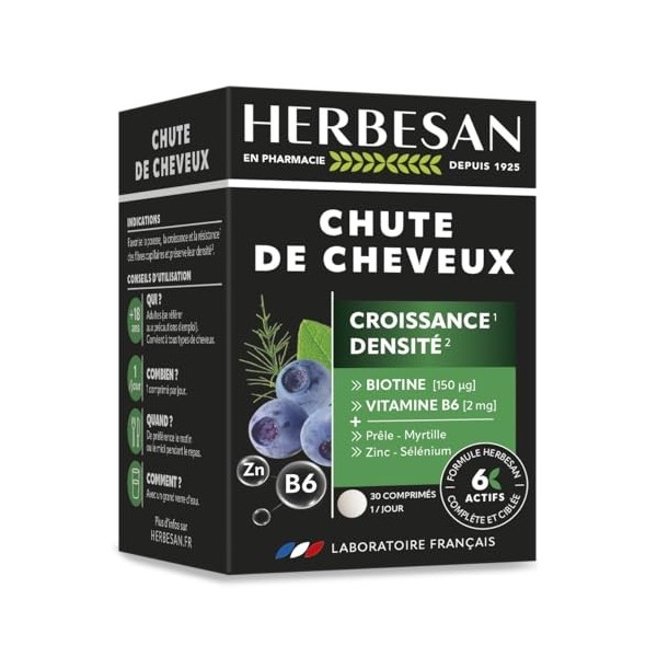 HERBESAN - CHUTE DE CHEVEUX - Croissance & Densité - 6 actifs à laction ciblée et complète dont Biotine, Prêle, Myrtille, Zi