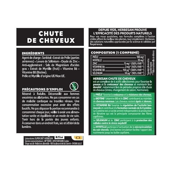 HERBESAN - CHUTE DE CHEVEUX - Croissance & Densité - 6 actifs à laction ciblée et complète dont Biotine, Prêle, Myrtille, Zi