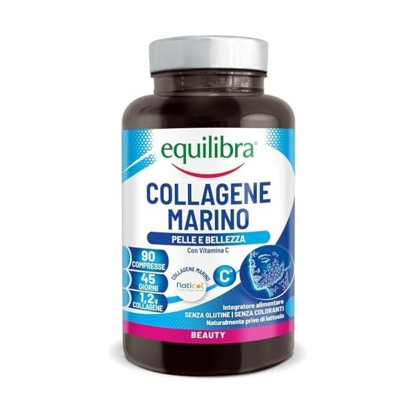 Equilibra, Naticol Collagène marin hydrolysé, 90 Comprimés, 1200 mg de Collagène par dose, 80 mg de Vitamine C par dose, Coll