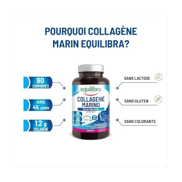 Equilibra, Naticol Collagène marin hydrolysé, 90 Comprimés, 1200 mg de Collagène par dose, 80 mg de Vitamine C par dose, Coll