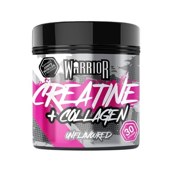 Warrior Créatine Monohydrate + Collagène Hydrolysé 270 g – 30 Portions – Supplément Sportif pour Récupération Musculaire et A