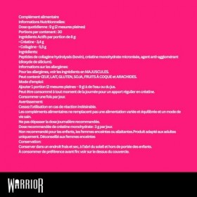 Warrior Créatine Monohydrate + Collagène Hydrolysé 270 g – 30 Portions – Supplément Sportif pour Récupération Musculaire et A